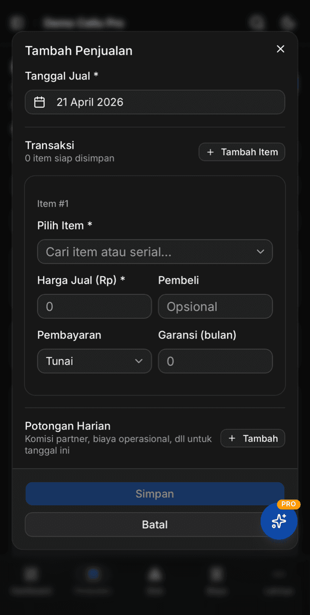 Form catat penjualan CelluPro — pilih unit dengan IMEI, harga, metode pembayaran, dan komisi mitra otomatis