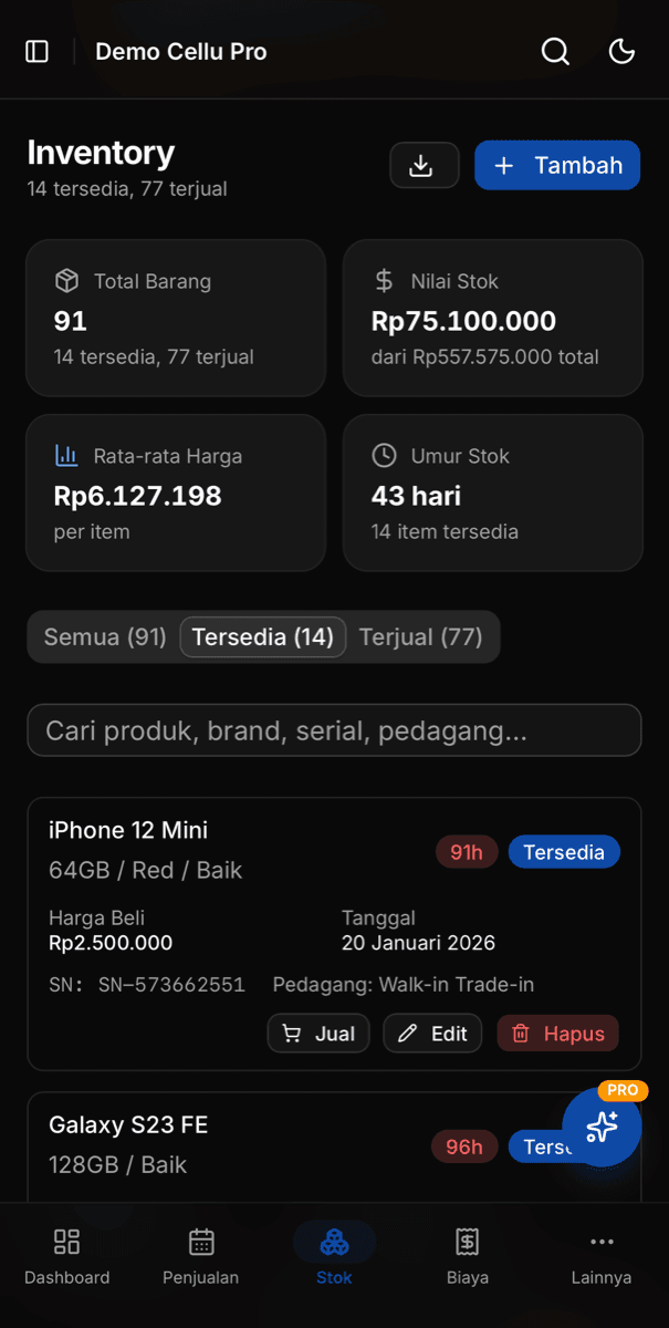 Inventory CelluPro - daftar stok HP dengan badge usia, nilai stok, dan filter tersedia/terjual