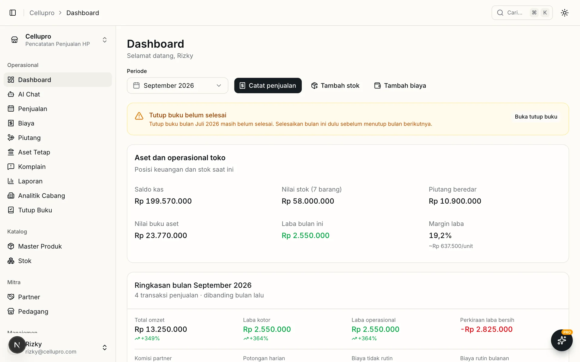 Dashboard pemilik dengan menu Piutang dan Aset Tetap di sidebar, serta kartu Saldo kas, Nilai stok, Piutang beredar, dan Nilai buku aset