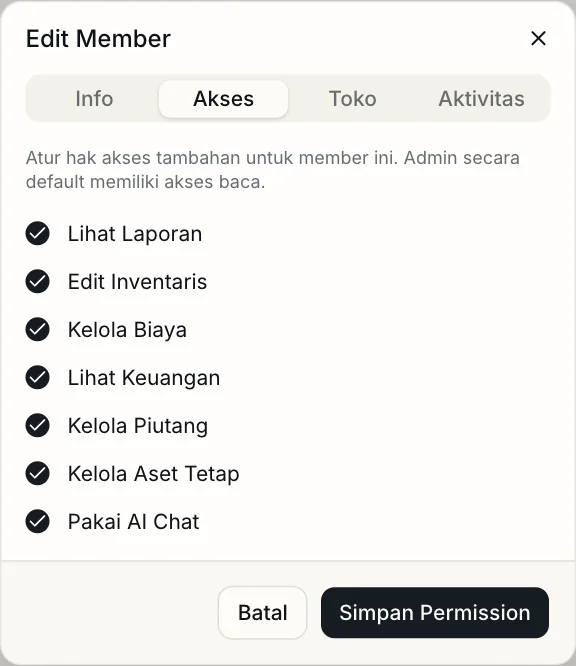 Tab Akses di dialog Edit Member dengan centang Lihat Laporan, Edit Inventaris, Kelola Biaya, Lihat Keuangan, Kelola Piutang, Kelola Aset Tetap, dan Pakai AI Chat