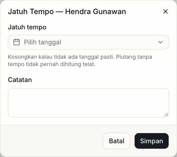 Dialog Jatuh Tempo dengan pemilih tanggal yang boleh dikosongkan dan kolom Catatan